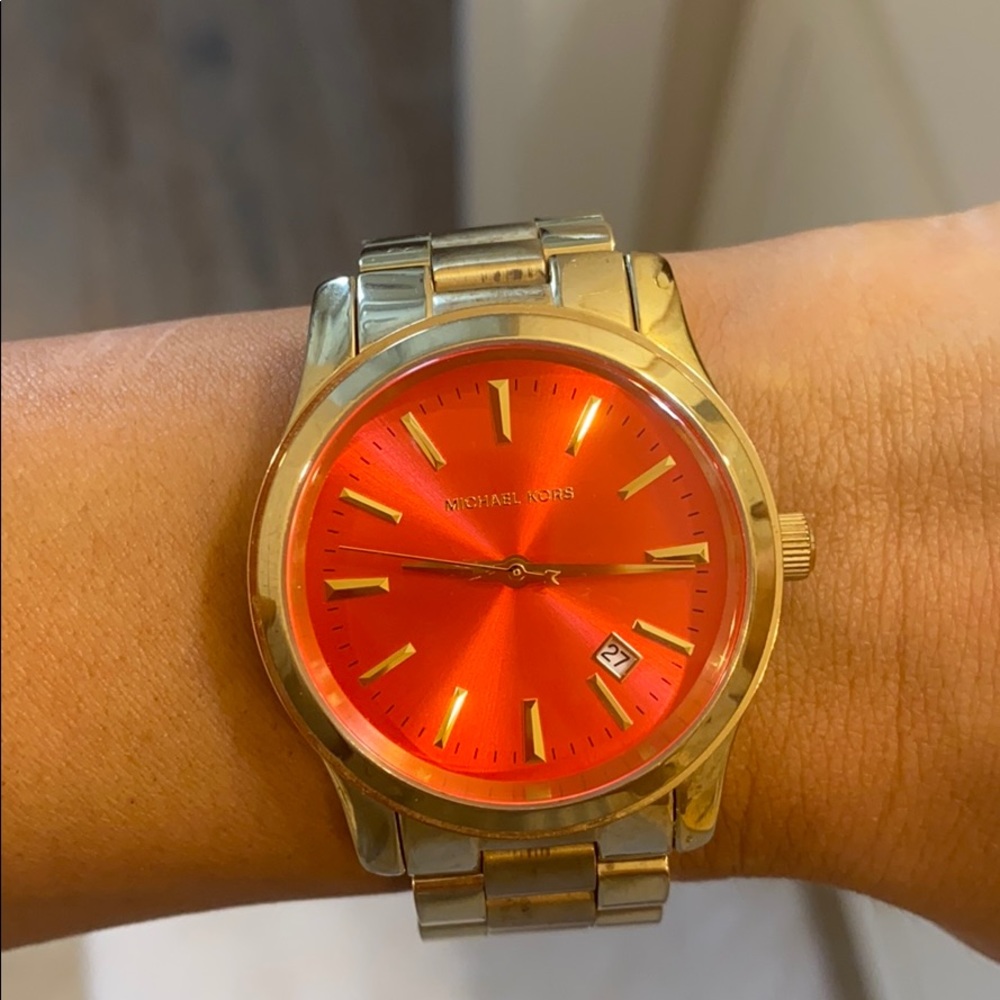 Michael kors gold watch with bright orange face